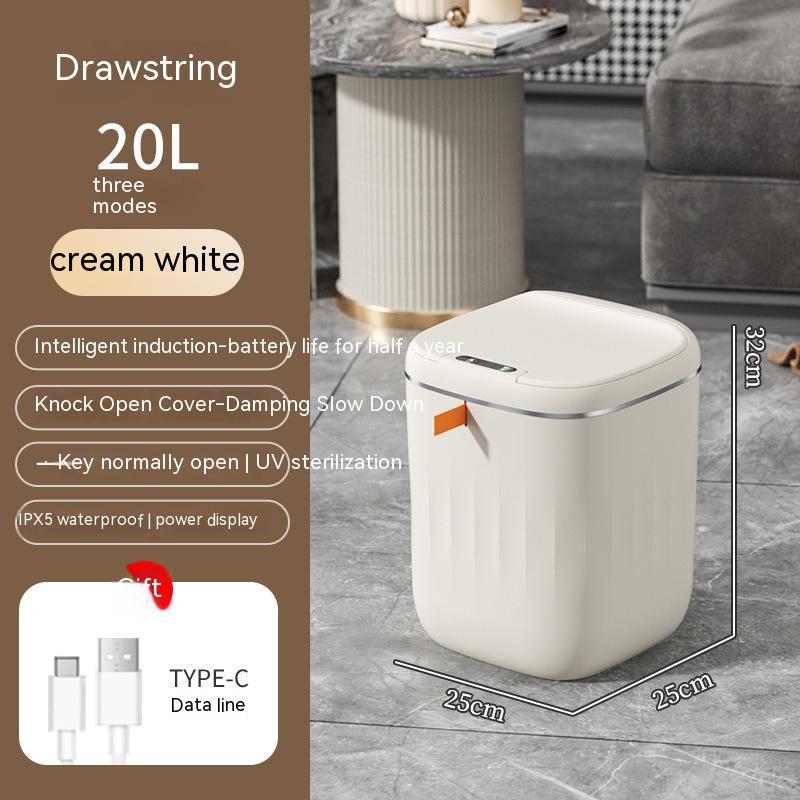 Smart cream white trash can with lid, 20L, touchless operation for easy waste disposal in any room.