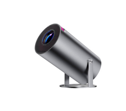Compact home projector with auto focus and sleek metallic design, perfect for big-screen entertainment.