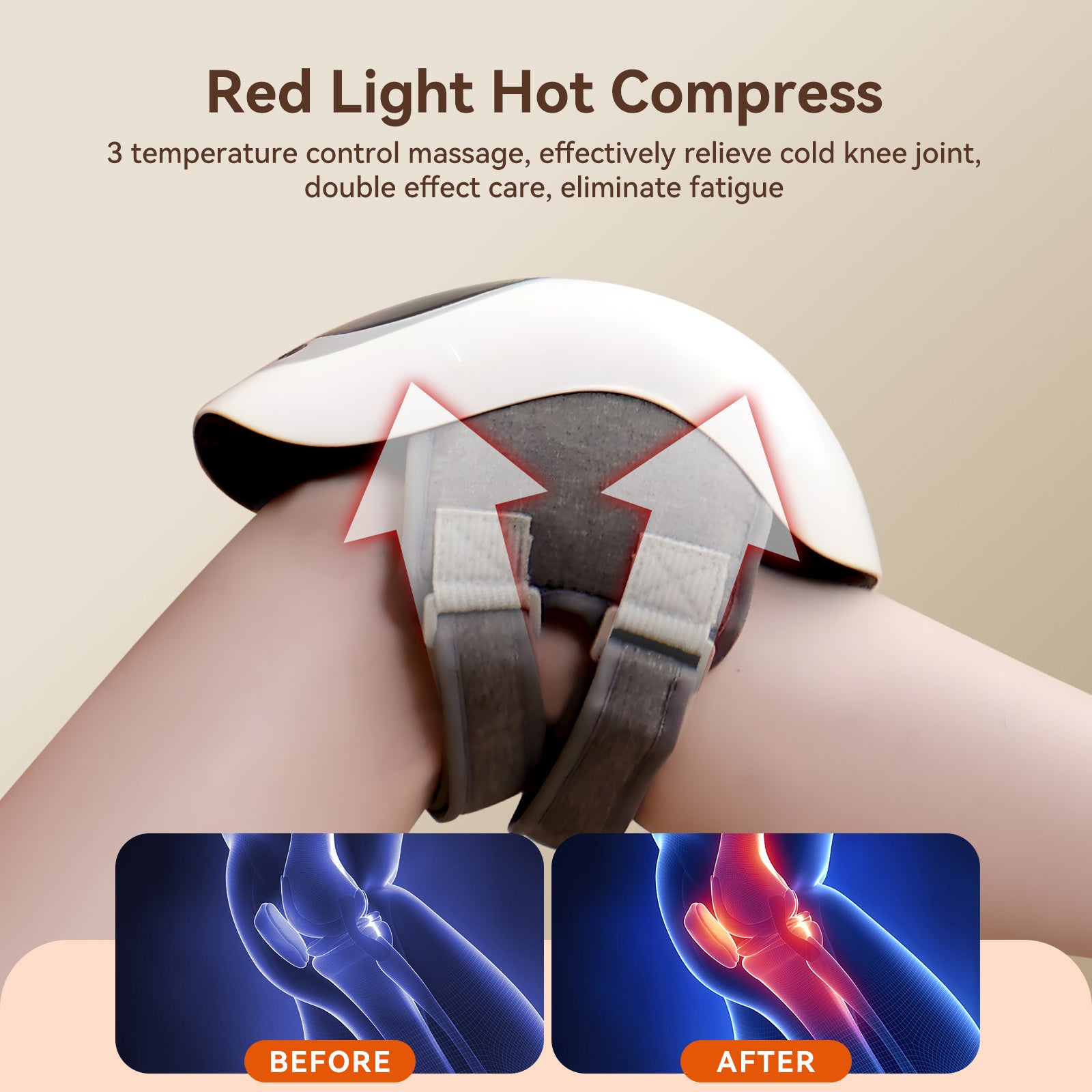 Red light hot compress for knees with temperature control, showing before and after effects on joint health and comfort.
