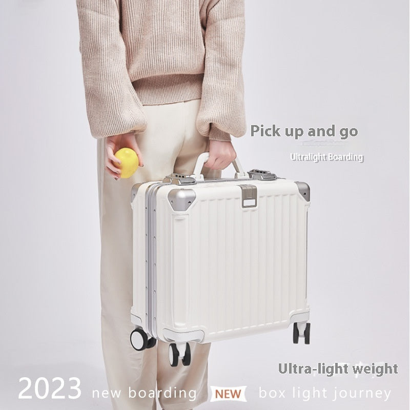 Person holding a lightweight white trolley bag perfect for travel and boarding, showcasing a sleek design and portability.