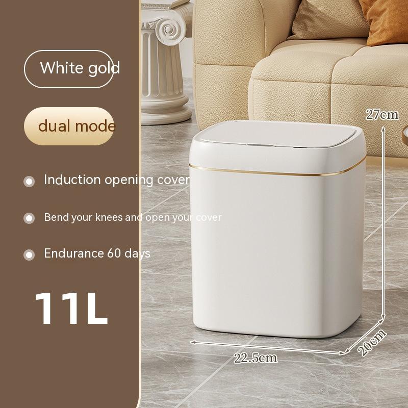 Smart trash can in white gold with touchless lid and dual mode; 11L capacity for convenient waste disposal.