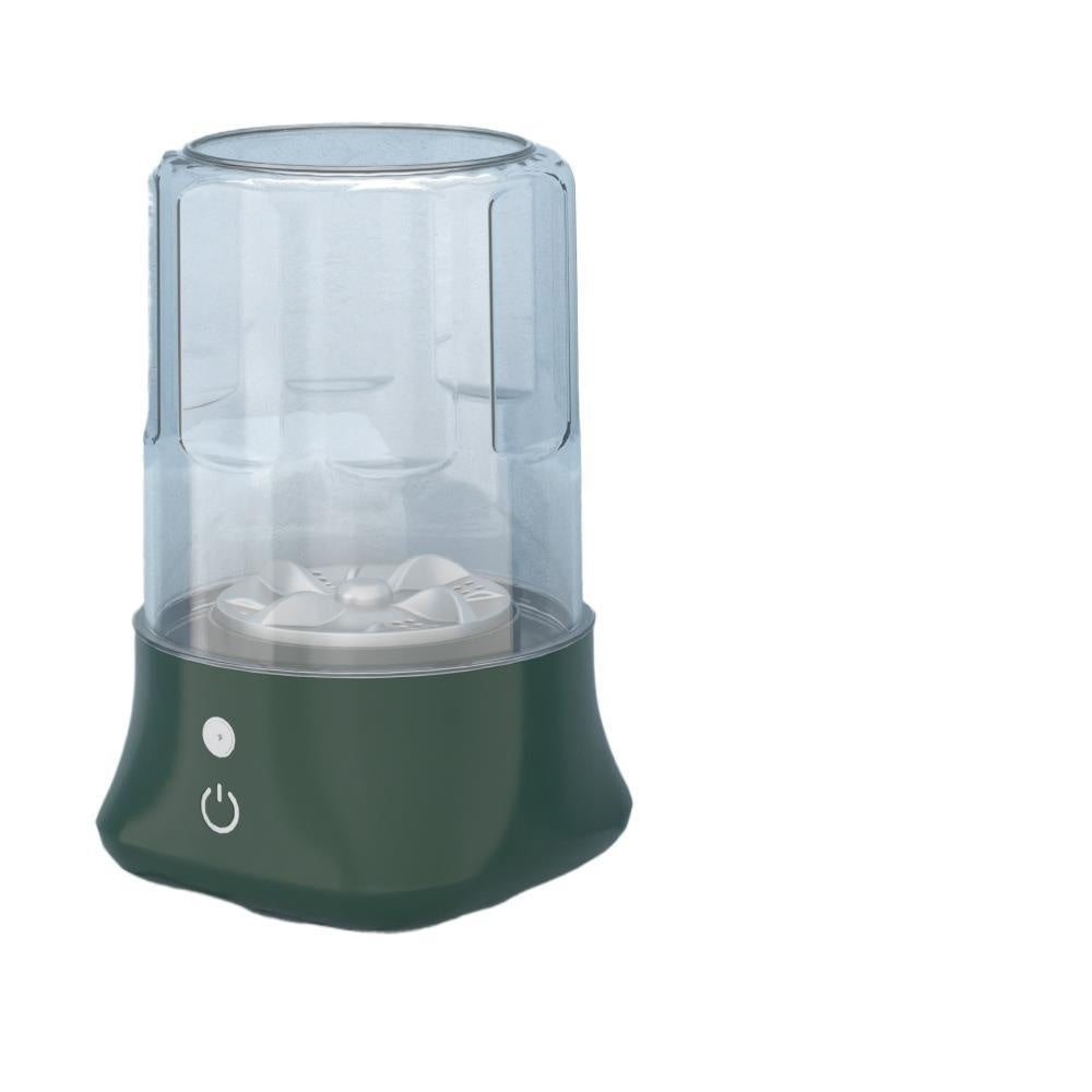 Mini rechargeable washing machine in a compact, portable design with a transparent lid and power button.