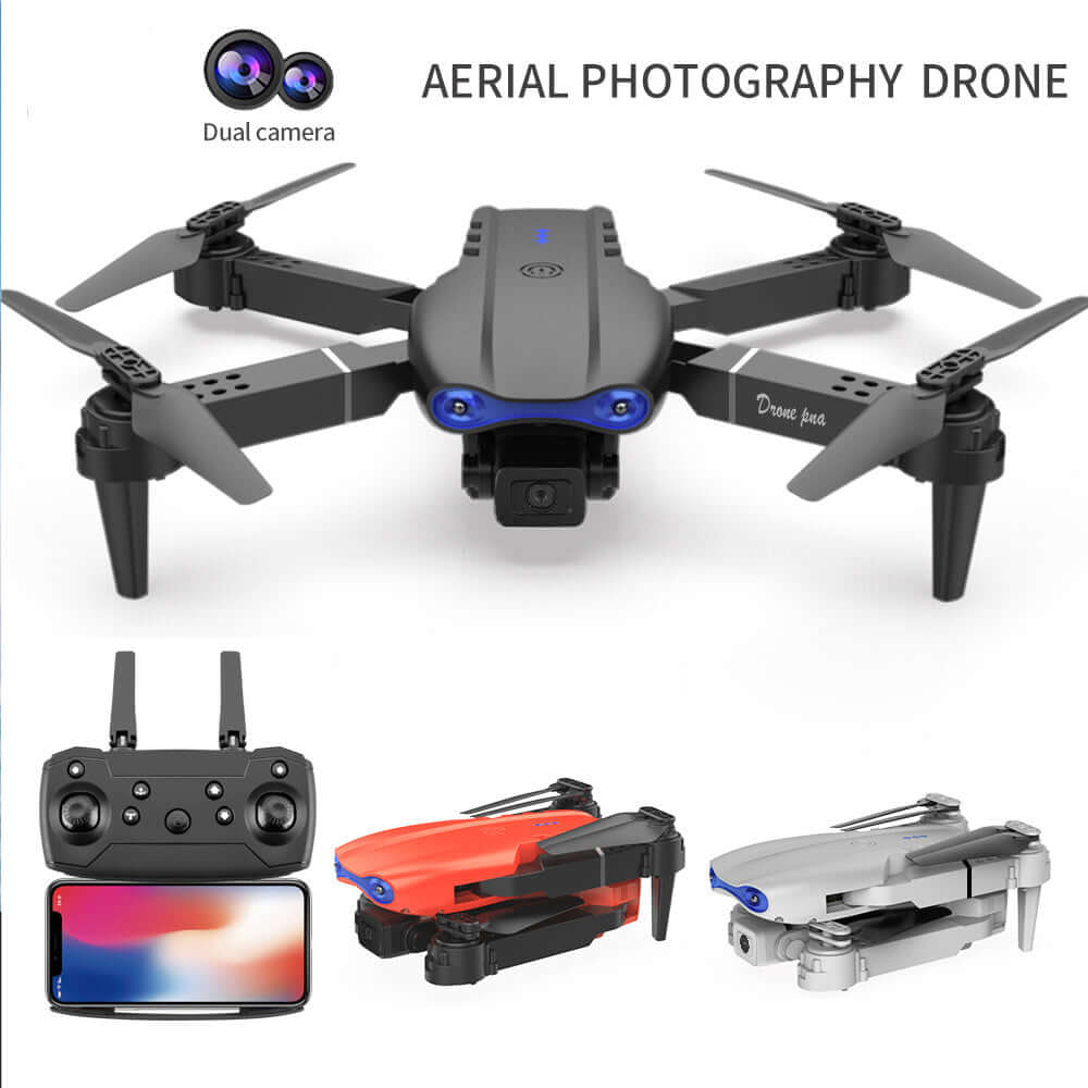 The E99 Smart Camera Drone with dual cameras, remote control, and folded design for aerial photography.