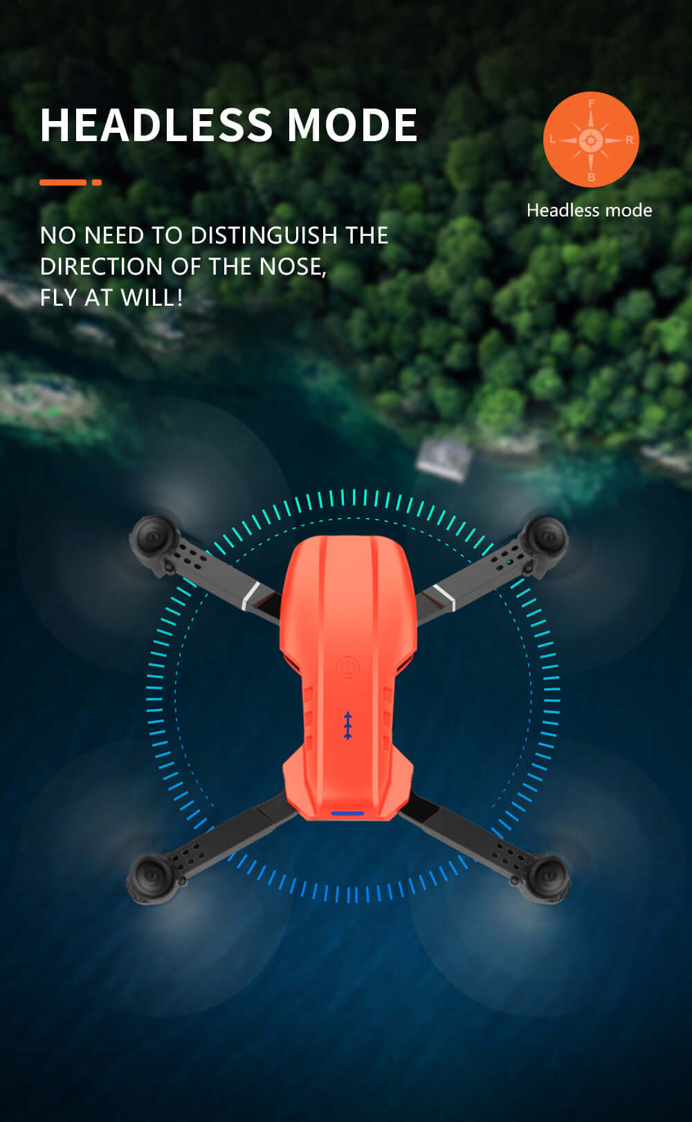 E99 Smart Camera Drone in headless mode, showcasing easy flying without direction distinction.