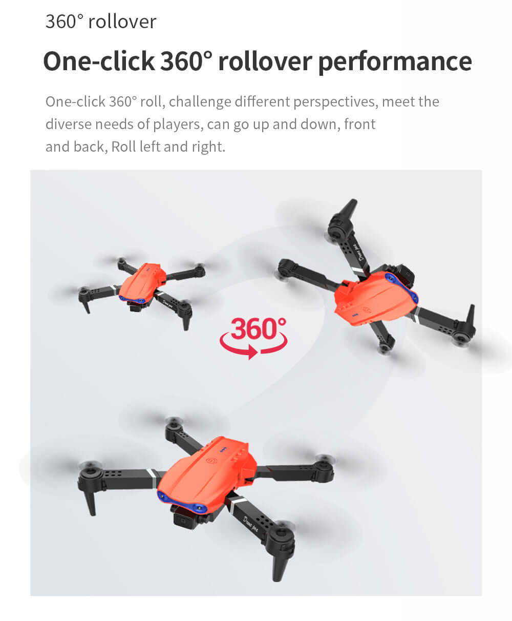 E99 Smart Camera Drone showcasing one-click 360° rollover performance with versatile flight options.