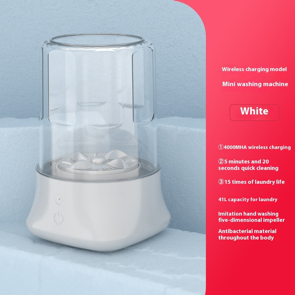 Mini rechargeable washing machine with wireless charging, quick cleaning, and 4L capacity for portable laundry.