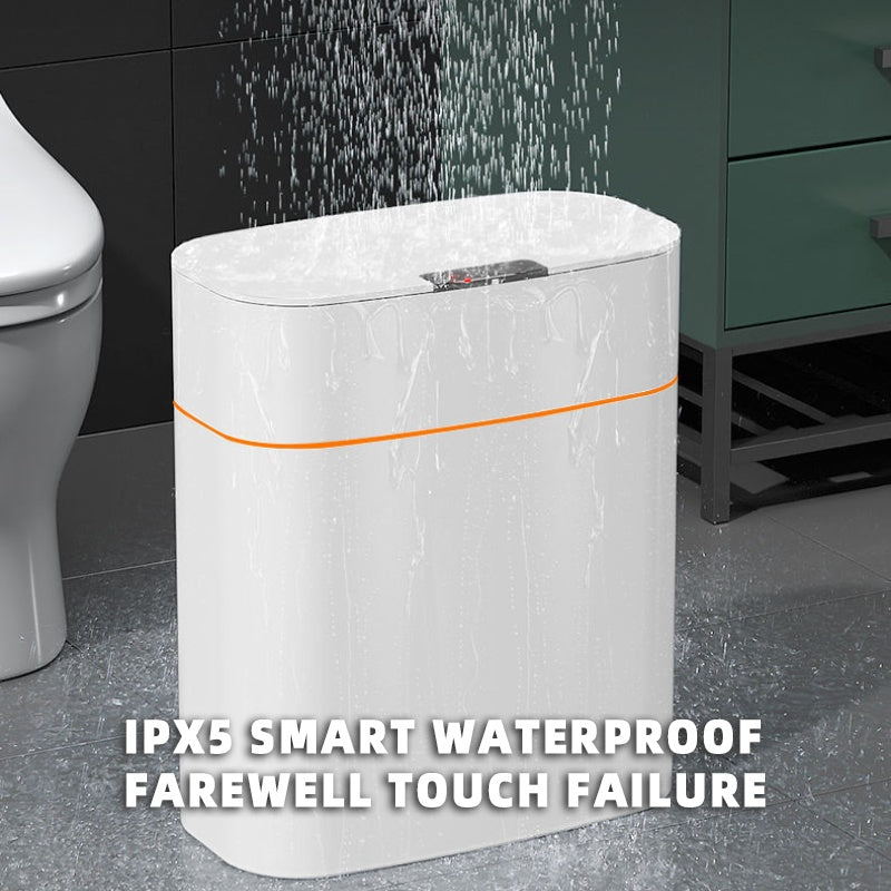 Smart trash can with lid showcasing IPX5 waterproof capability for touchless waste disposal in modern design.