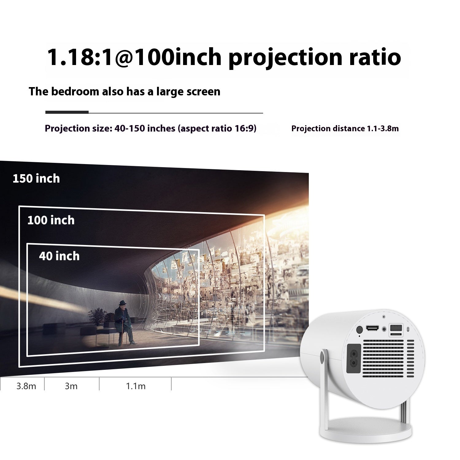 Compact home projector showing 1.18:1@100inch projection ratio with various screen sizes outlined.