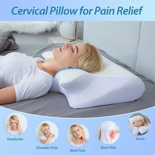 Woman lying on bed using 2-in-1 orthopedic memory foam cervical pillow for neck pain relief and ergonomic support