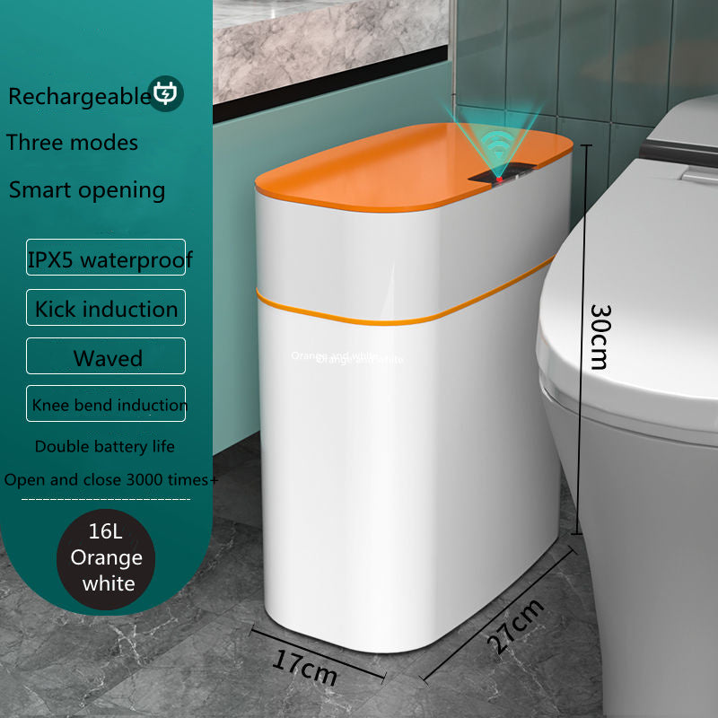 Smart trash can with orange lid, featuring touchless opening, waterproof design, and rechargeable battery, perfect for any room.