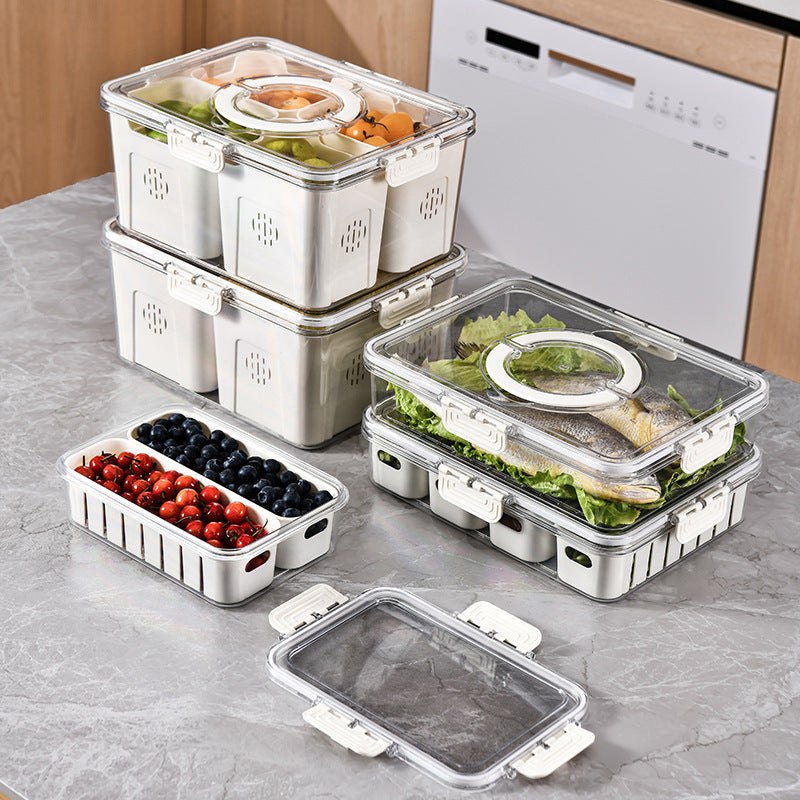 Modern multi-compartment plastic snack organizer with clear lid for food storage and preservation