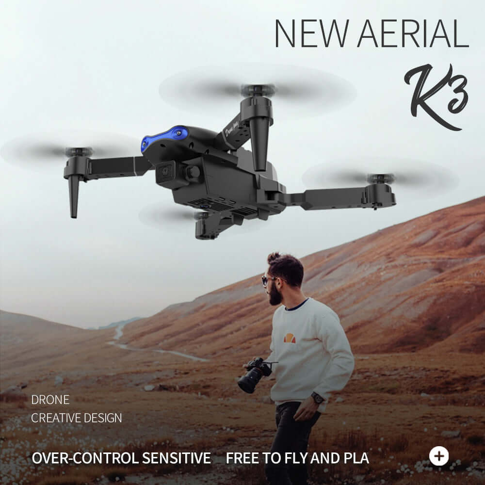 E99 Smart Camera Drone flying over a mountainous landscape, showcasing its creative design and ease of use.