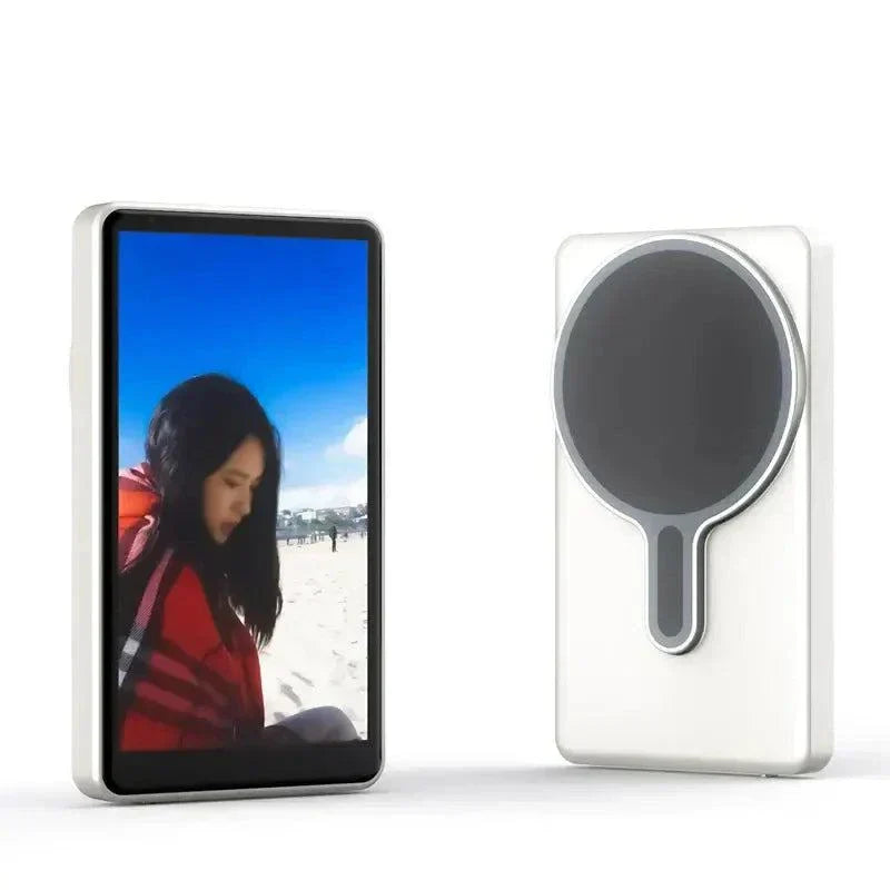 Wireless magnetic phone monitor screen showing a selfie preview, compatible with iPhone and Android devices.
