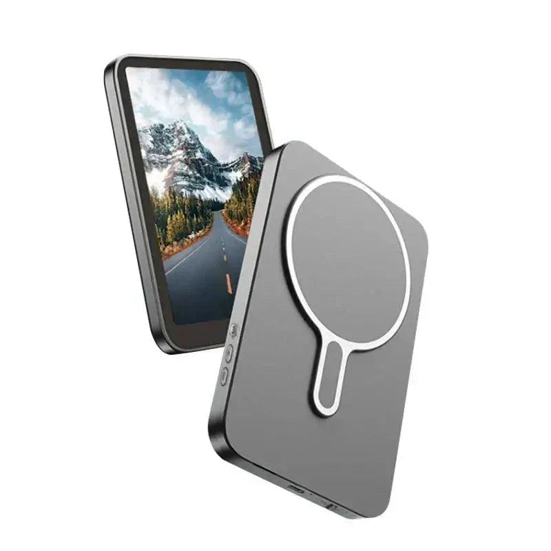 Wireless Magnetic Phone Monitor Screen showing live video preview for selfies with magnetic mount compatible with iPhone and Android.