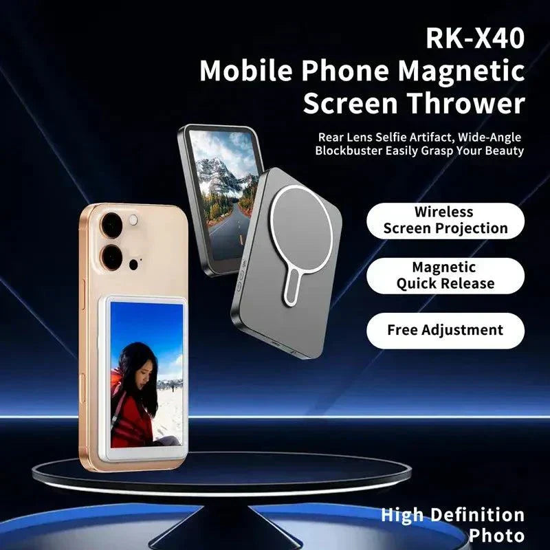 Wireless magnetic phone monitor screen for selfies and vlogs with real-time preview and magnetic mount for iPhone and Android.