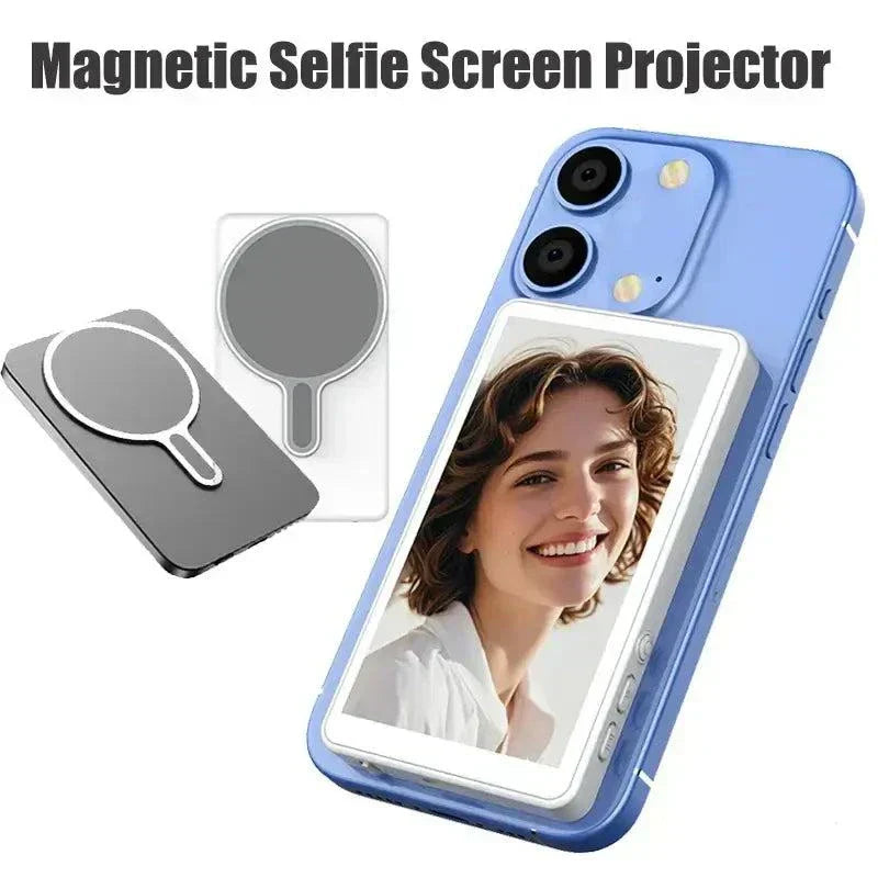 Wireless magnetic phone monitor attached to smartphone showing selfie screen for vlogs and live streaming.