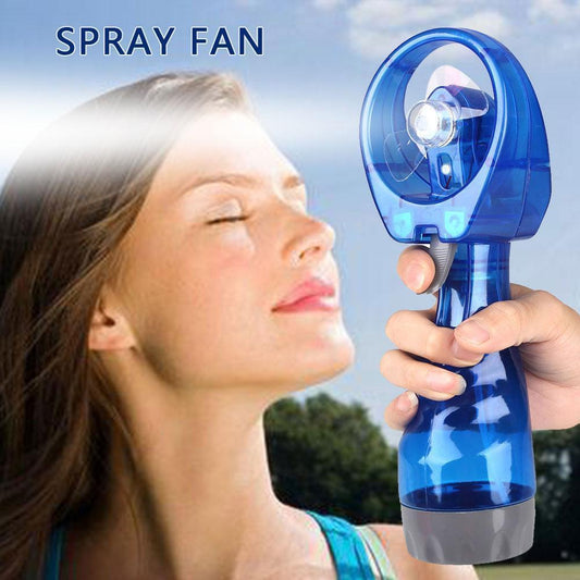 Compact blue mini handheld spray fan misting face for personal cooling outdoors