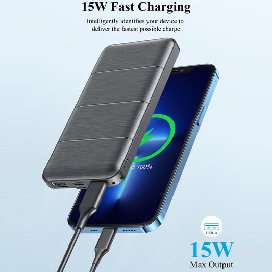 Rugged outdoor power bank with 15W fast charging and durable design connected to a smartphone