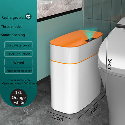 Smart trash can with touchless lid in orange and white; features three modes and IPX5 waterproof design for modern waste disposal.