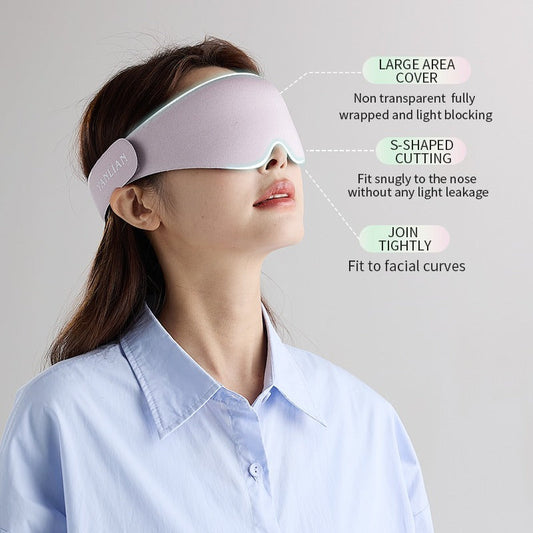 Woman wearing breathable 3D sleep eye mask with large light-blocking area, S-shaped nose cut, and snug facial fit for comfortable blackout sleep