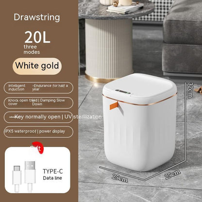 Smart trash can with lid in white gold, 20L capacity, touchless design, perfect for home and car.