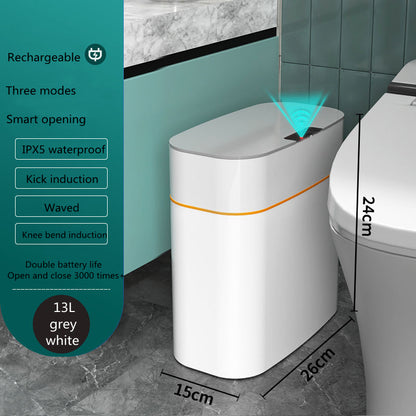 Smart trash can with lid, touchless design for easy waste disposal in grey-white, features IPX5 waterproof and three induction modes.