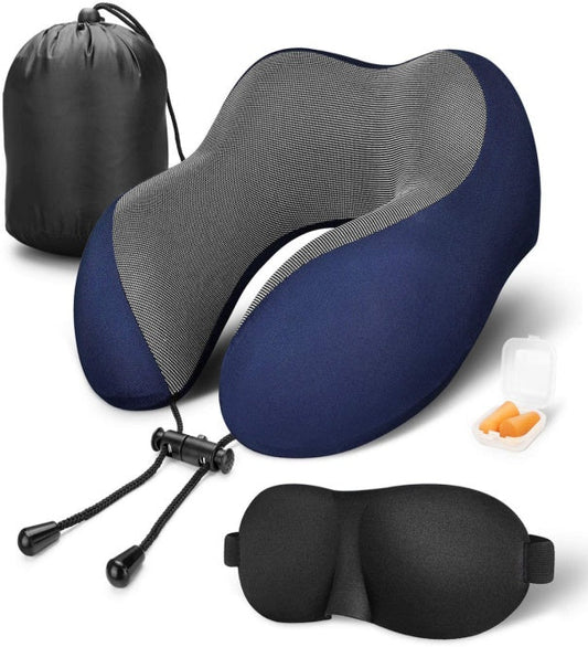 Travel neck pillow with black eye mask, earplugs, and drawstring pouch for essential travel kit