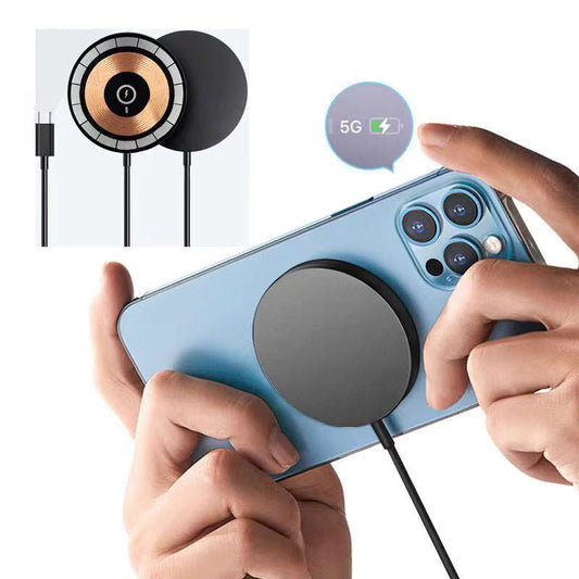 15W Magnetic Qi Wireless Charger showing magnetic attachment on iPhone with charging indicator and USB-C cable