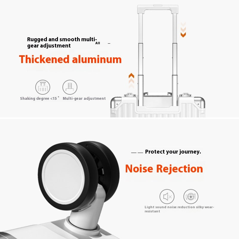 Close-up of Lightweight Travel Trolley Bag features, showing thickened aluminum handle and noise-reducing wheels for smooth travel.