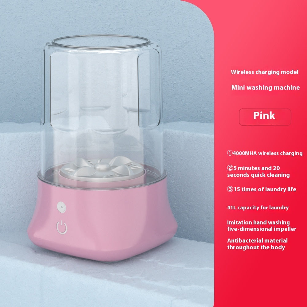 Mini rechargeable washing machine in pink with wireless charging, designed for quick and efficient laundry on the go.